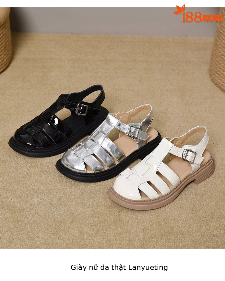 Sandal nữ da thật quai chữ V mũi tròn đế bệt — màu đen chi tiết 9