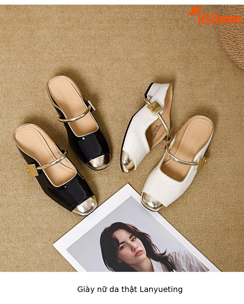 Dép sandal nữ da thật mũi vuông gót thấp quai chữ V — màu đen chi tiết 4