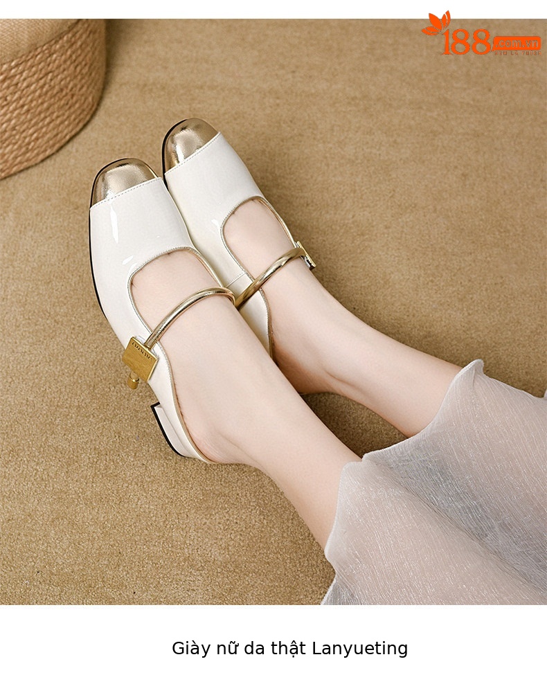 Dép sandal nữ da thật mũi vuông gót thấp quai chữ V — màu đen chi tiết 7