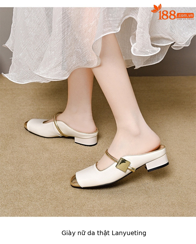 Dép sandal nữ da thật mũi vuông gót thấp quai chữ V — màu đen chi tiết 8