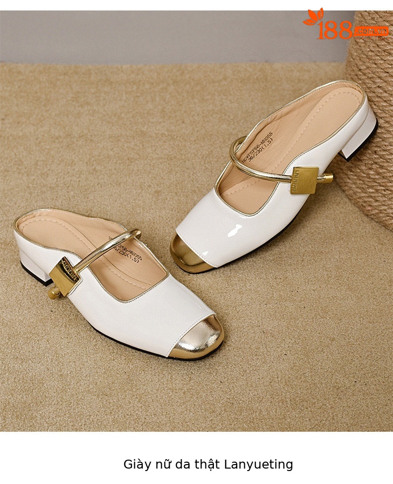 Dép sandal nữ da thật mũi vuông gót thấp quai chữ V — màu đen chi tiết 9