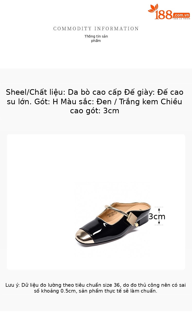 Dép sandal nữ da thật mũi vuông gót thấp quai chữ V — màu đen chi tiết 1