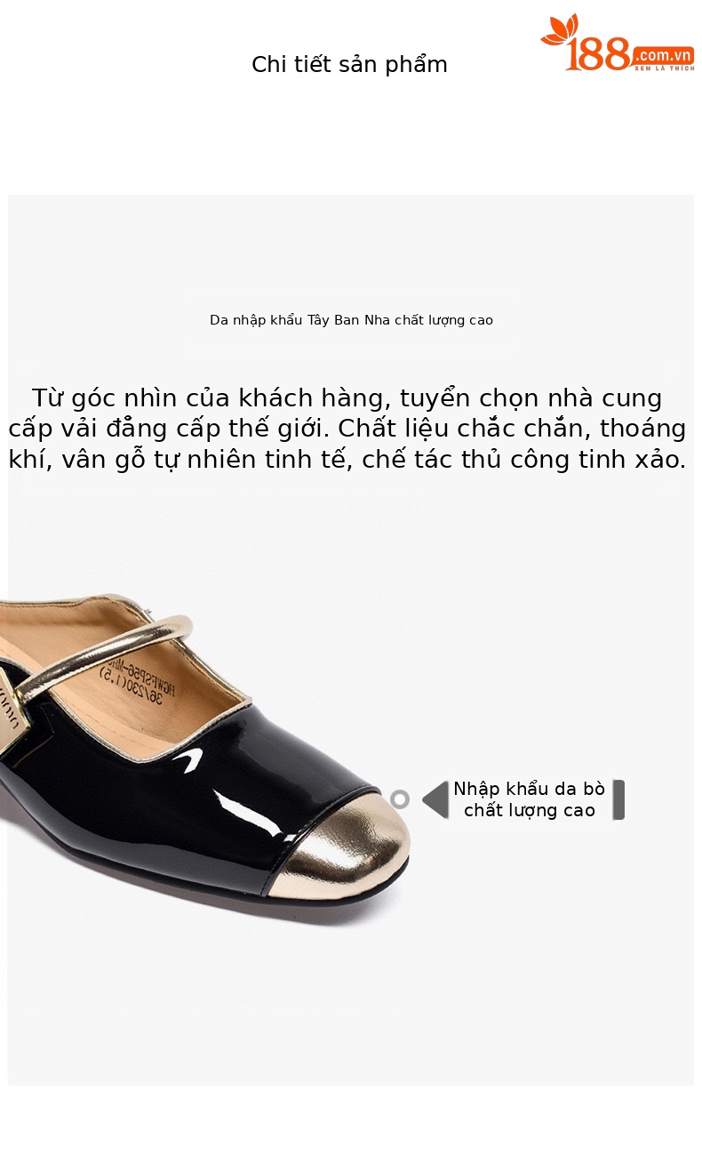 Dép sandal nữ da thật mũi vuông gót thấp quai chữ V — màu đen chi tiết 2