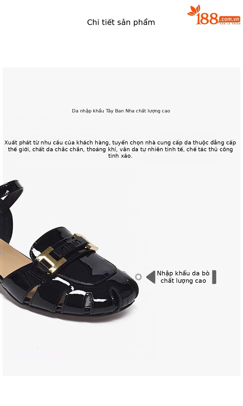 Sandal nữ da thật mũi tròn gót thấp quai ngang đế bệt — màu đen chi tiết 2