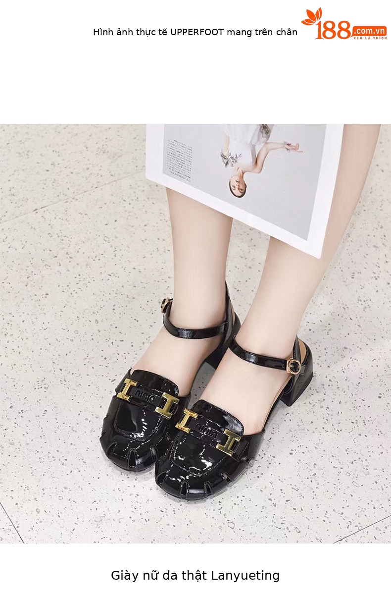 Sandal nữ da thật mũi tròn gót thấp quai ngang đế bệt — màu đen chi tiết 3