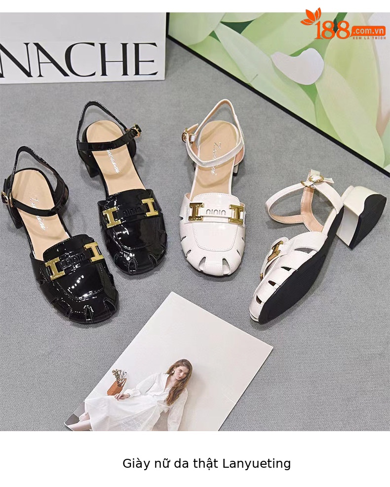 Sandal nữ da thật mũi tròn gót thấp quai ngang đế bệt — màu đen chi tiết 4