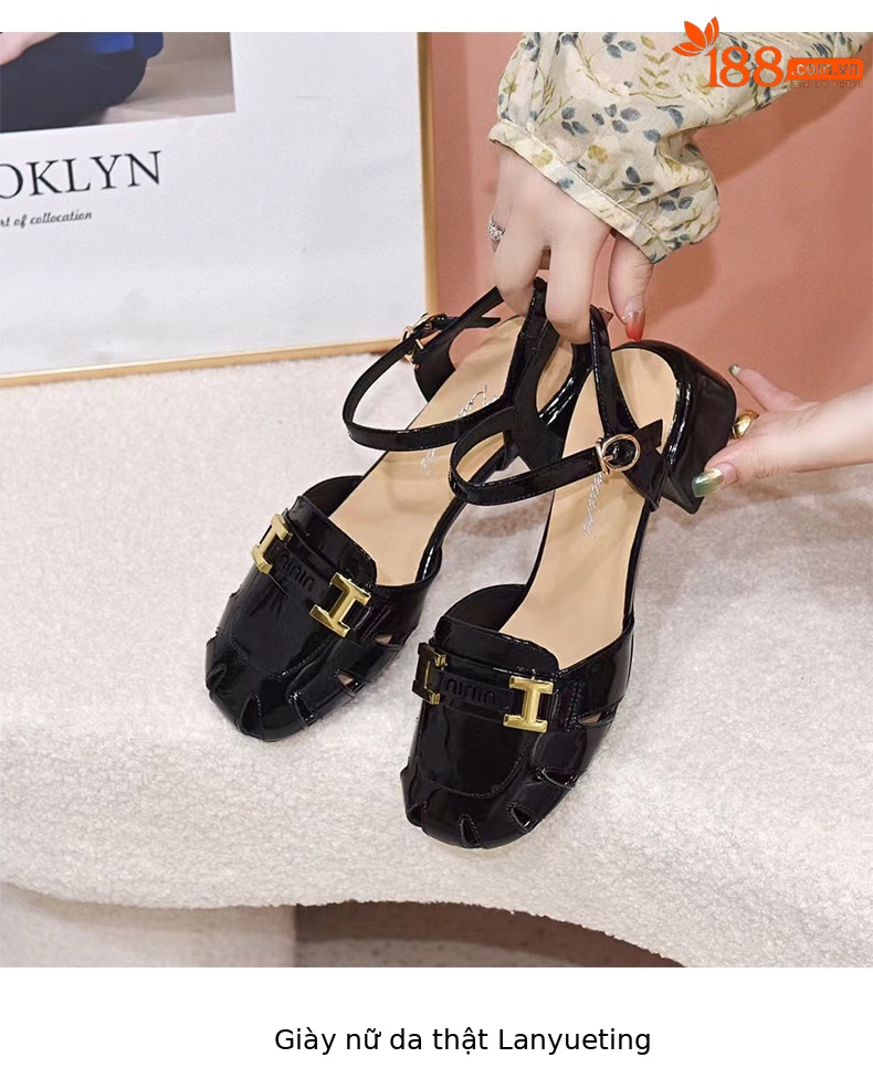 Sandal nữ da thật mũi tròn gót thấp quai ngang đế bệt — màu đen chi tiết 8