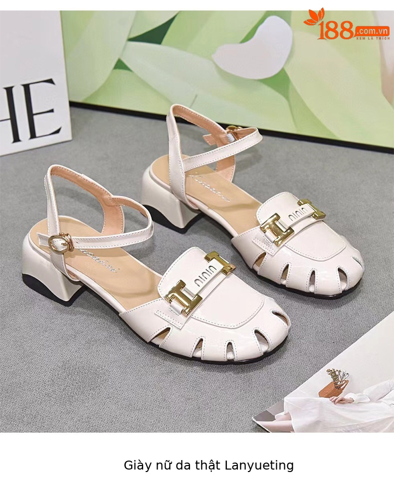 Sandal nữ da thật mũi tròn gót thấp quai ngang đế bệt — màu đen chi tiết 9