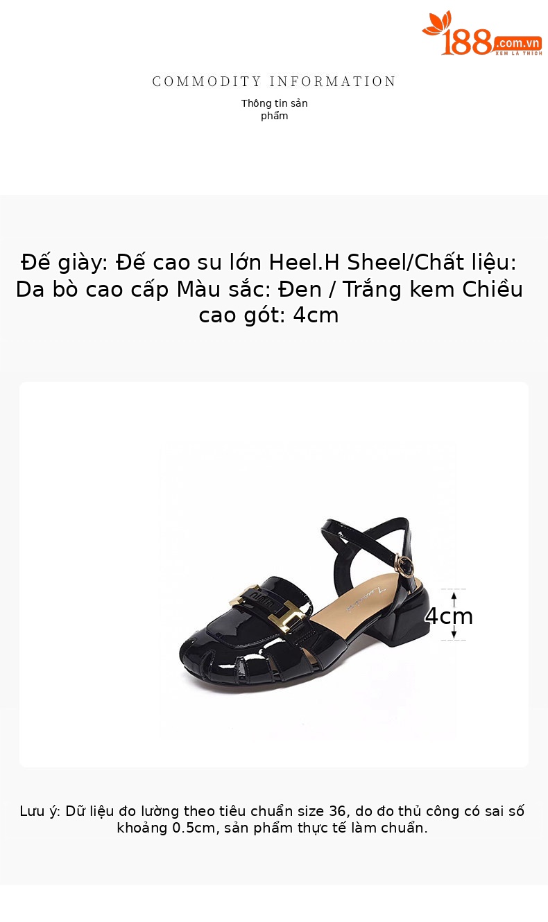 Sandal nữ da thật mũi tròn gót thấp quai ngang đế bệt — màu đen chi tiết 1