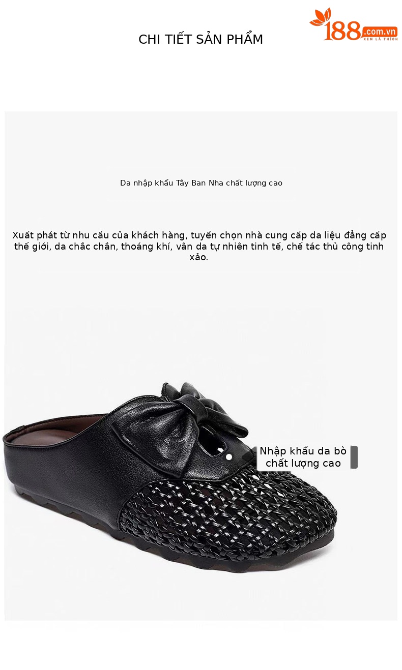 Dép sandal nữ da thật mũi tròn quai dệt rỗng đế bệt — màu đen chi tiết 2