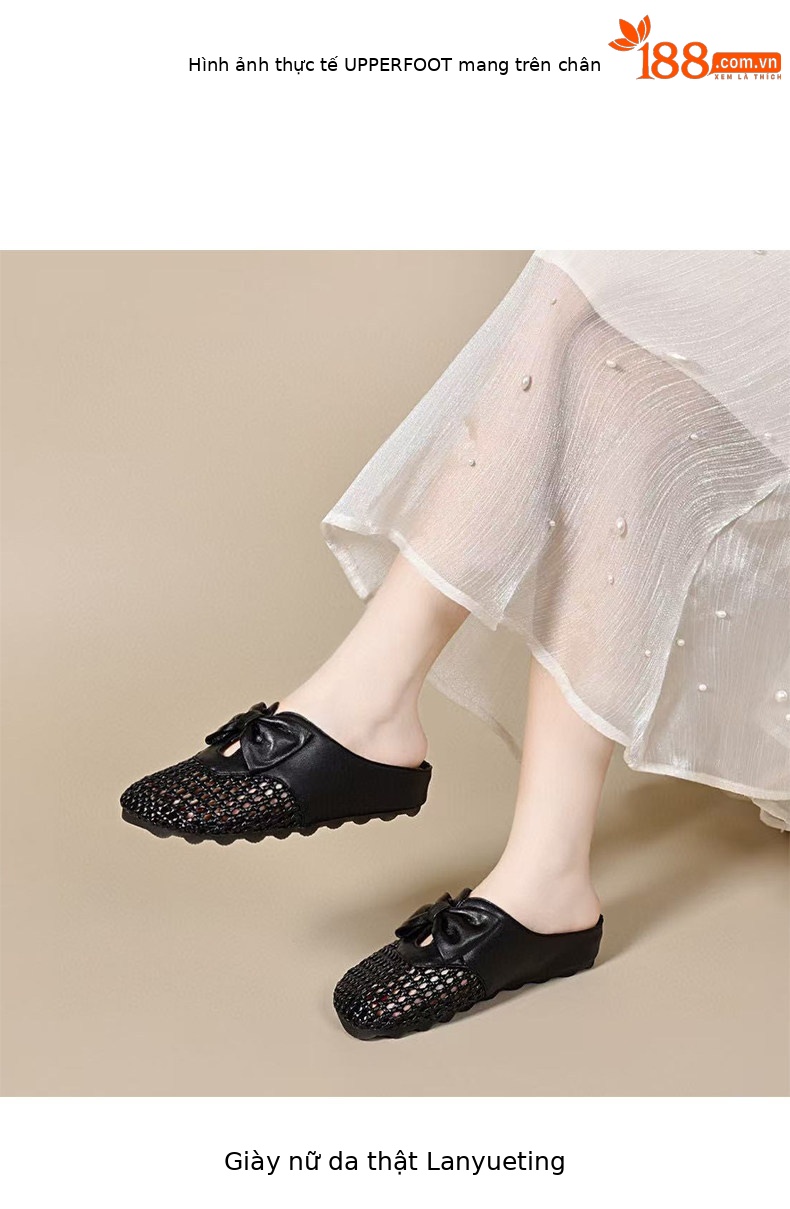 Dép sandal nữ da thật mũi tròn quai dệt rỗng đế bệt — màu đen chi tiết 3