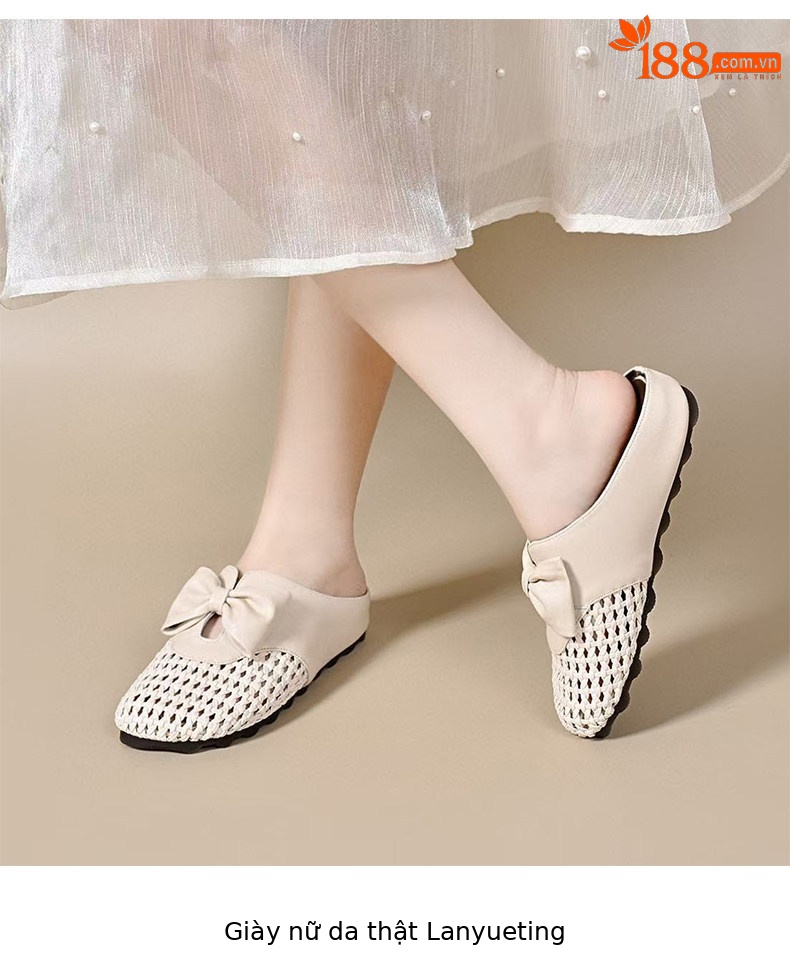 Dép sandal nữ da thật mũi tròn quai dệt rỗng đế bệt — màu đen chi tiết 4