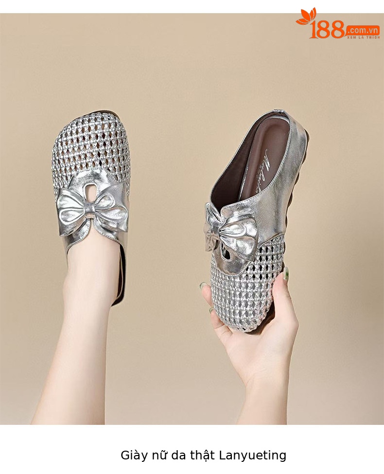 Dép sandal nữ da thật mũi tròn quai dệt rỗng đế bệt — màu đen chi tiết 6