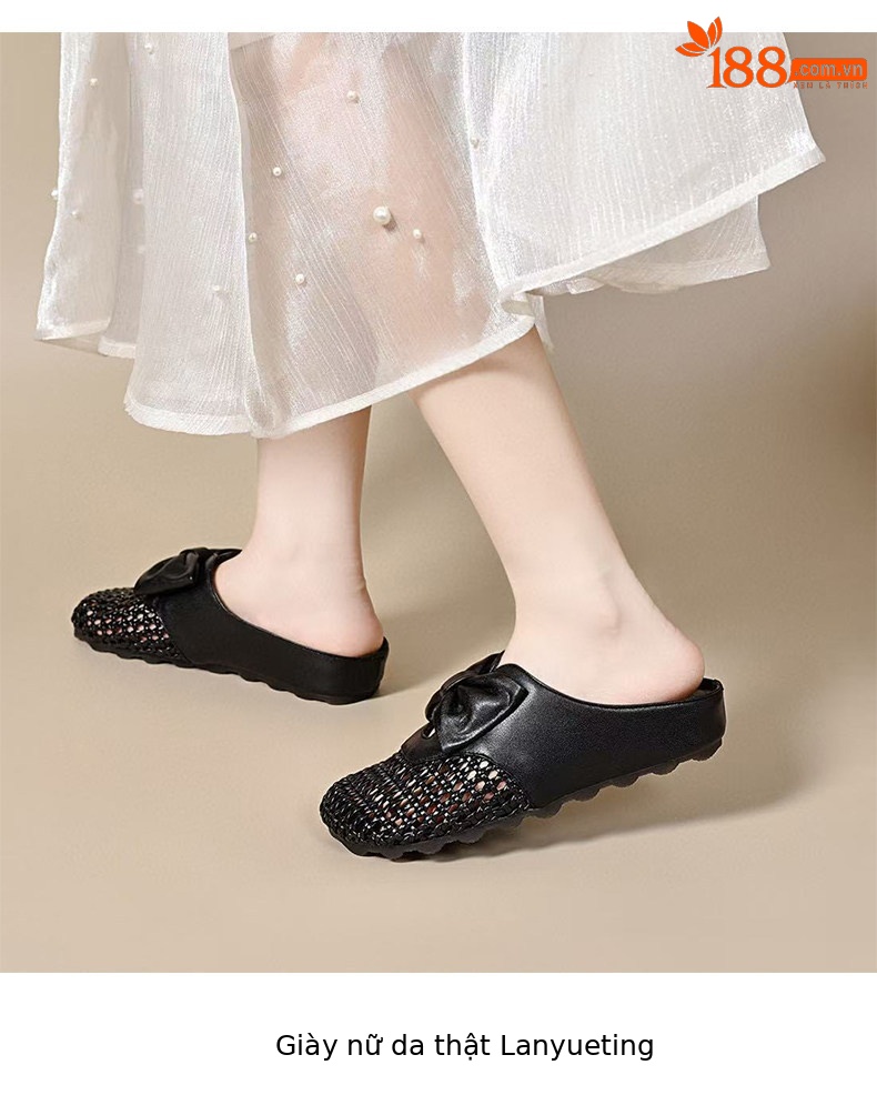Dép sandal nữ da thật mũi tròn quai dệt rỗng đế bệt — màu đen chi tiết 7