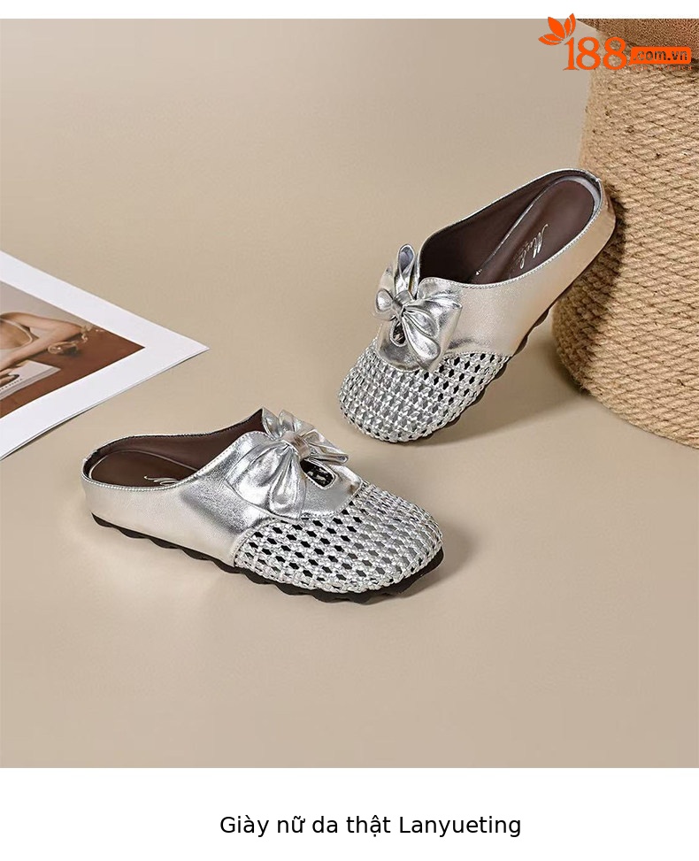 Dép sandal nữ da thật mũi tròn quai dệt rỗng đế bệt — màu đen chi tiết 8