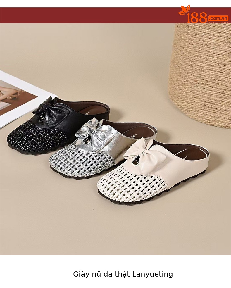 Dép sandal nữ da thật mũi tròn quai dệt rỗng đế bệt — màu đen chi tiết 9