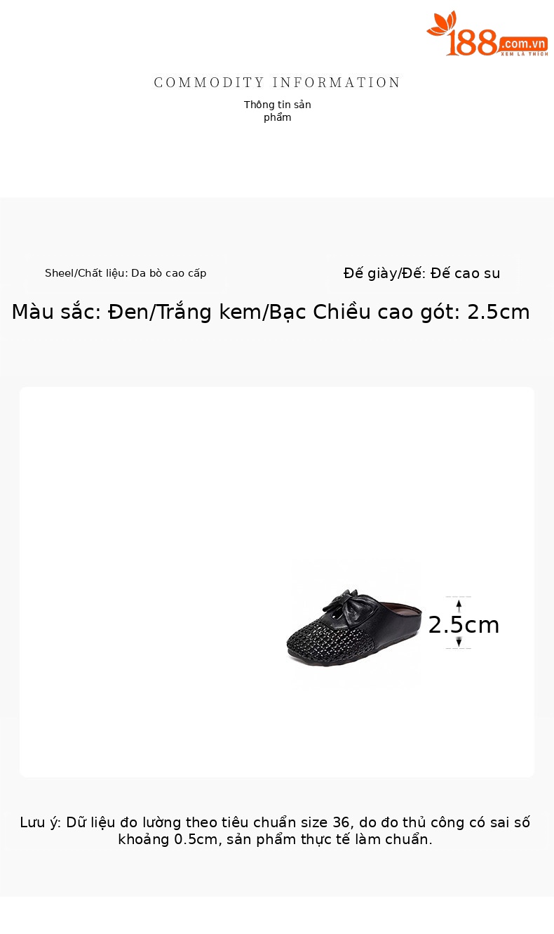Dép sandal nữ da thật mũi tròn quai dệt rỗng đế bệt — màu đen chi tiết 1