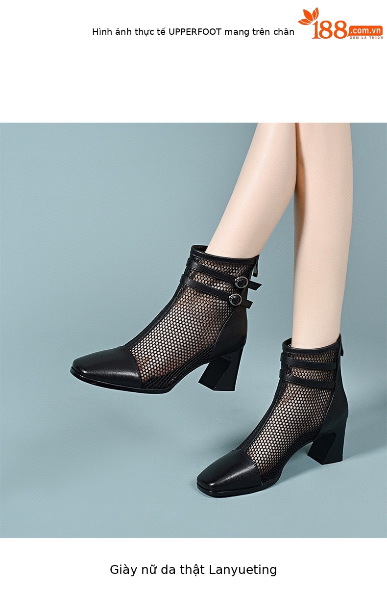 Sandal cao gót nữ mũi vuông da thật phong cách La Mã gót thô 9 cm — Màu đen chi tiết 3