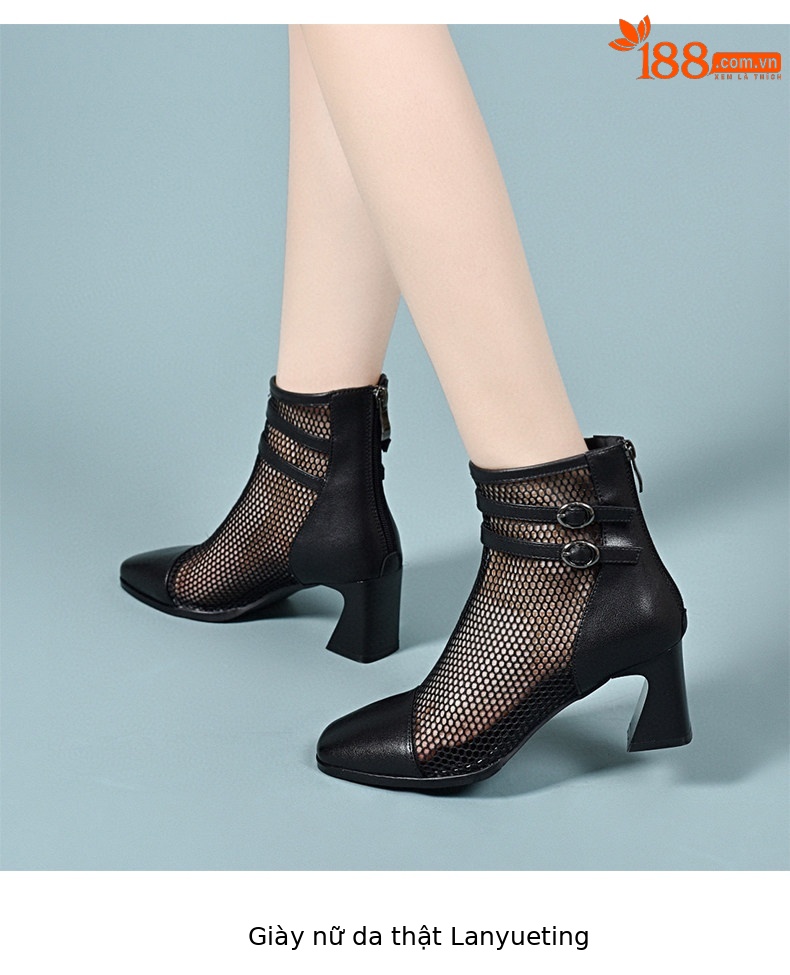Sandal cao gót nữ mũi vuông da thật phong cách La Mã gót thô 9 cm — Màu đen chi tiết 5