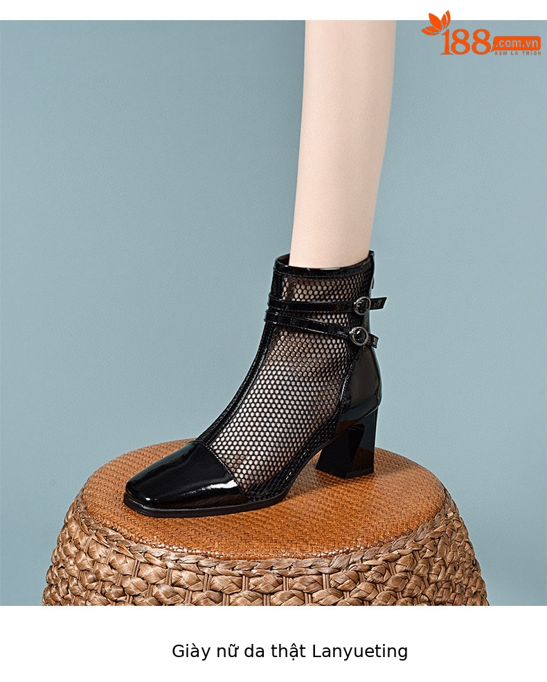 Sandal cao gót nữ mũi vuông da thật phong cách La Mã gót thô 9 cm — Màu đen chi tiết 7