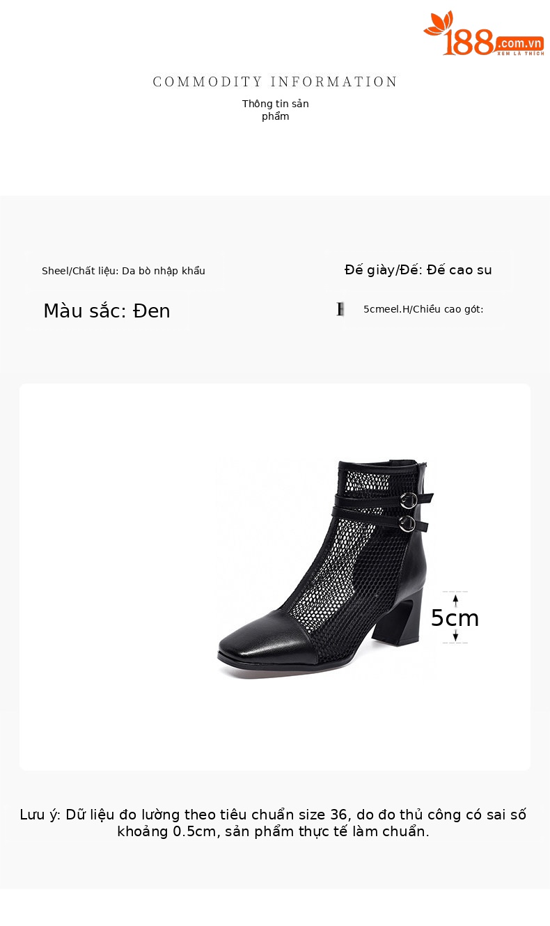 Sandal cao gót nữ mũi vuông da thật phong cách La Mã gót thô 9 cm — Màu đen chi tiết 1