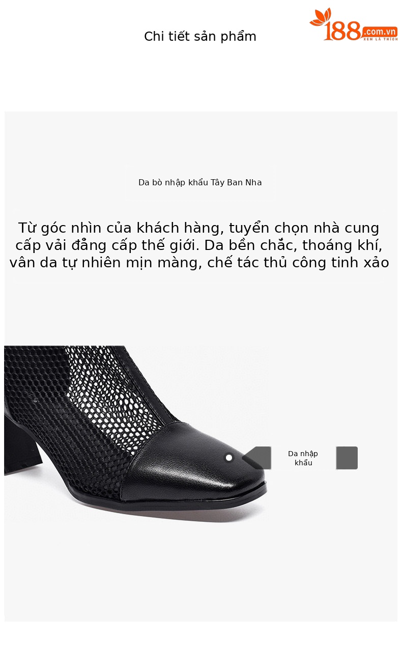 Sandal cao gót nữ mũi vuông da thật phong cách La Mã gót thô 9 cm — Màu đen chi tiết 2