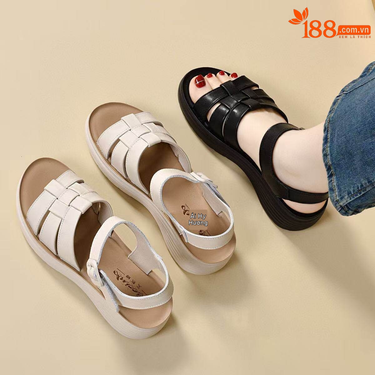 Sandal nữ da thật mũi hở đế xuồng chống trượt tăng chiều cao — màu đen