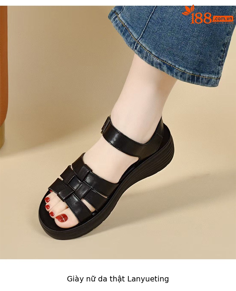 Sandal nữ da thật mũi hở đế xuồng chống trượt tăng chiều cao — màu đen chi tiết 4