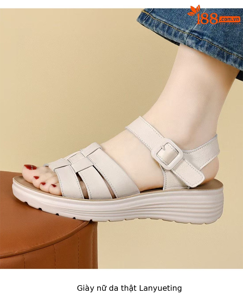 Sandal nữ da thật mũi hở đế xuồng chống trượt tăng chiều cao — màu đen chi tiết 6