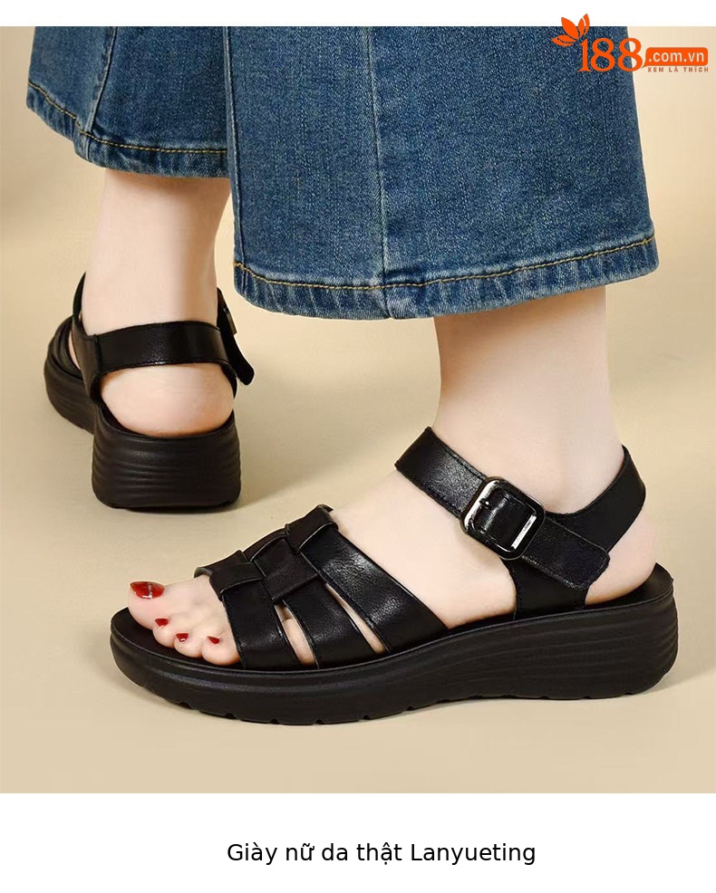 Sandal nữ da thật mũi hở đế xuồng chống trượt tăng chiều cao — màu đen chi tiết 7