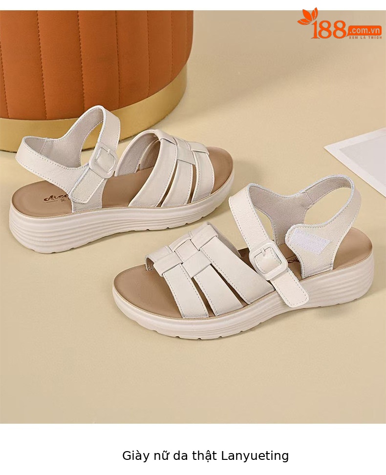 Sandal nữ da thật mũi hở đế xuồng chống trượt tăng chiều cao — màu đen chi tiết 8