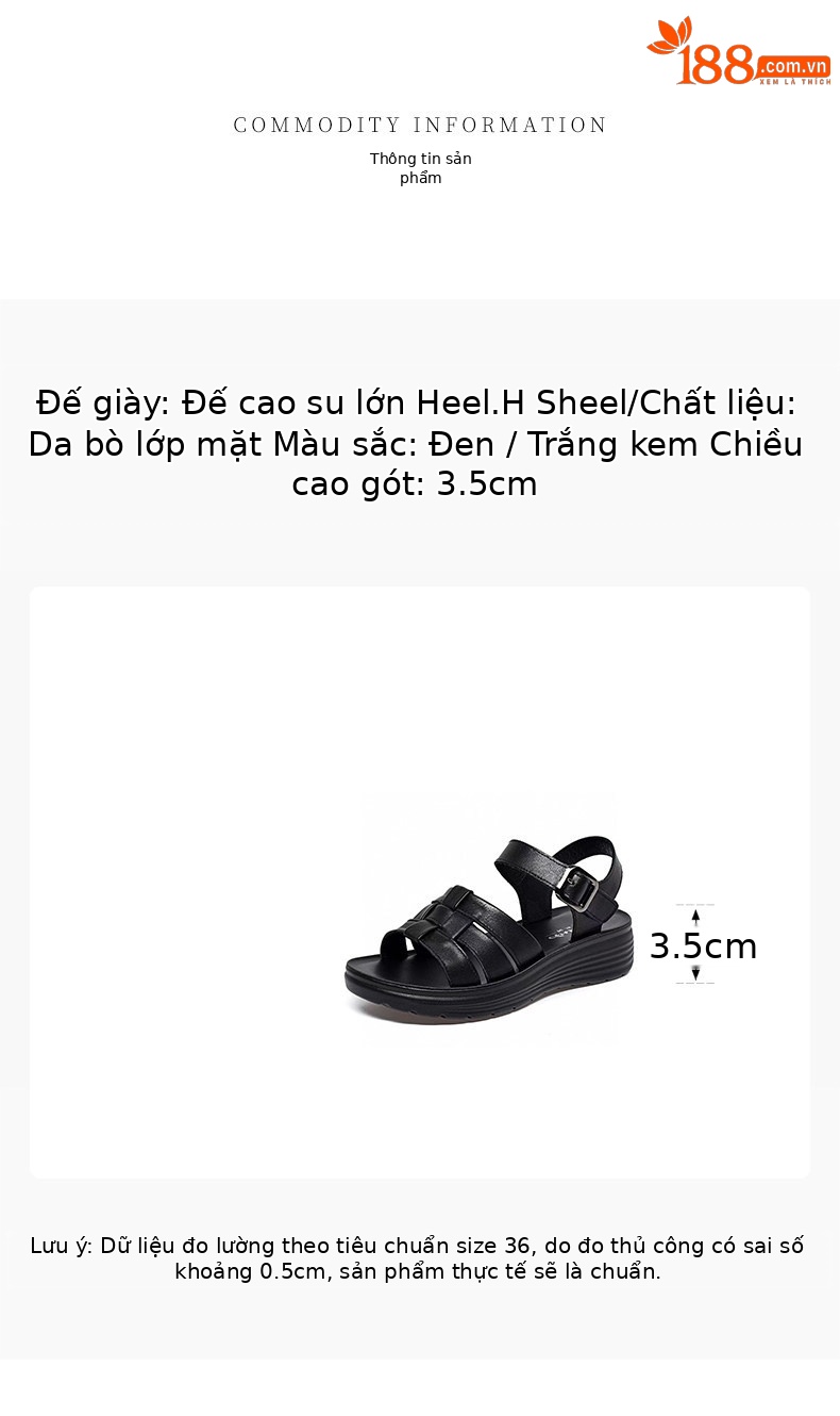 Sandal nữ da thật mũi hở đế xuồng chống trượt tăng chiều cao — màu đen chi tiết 1