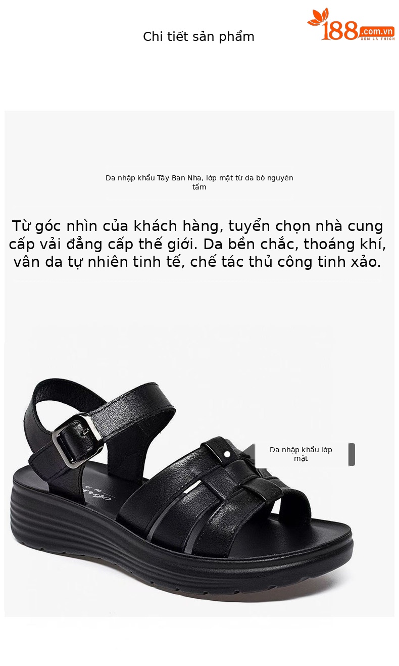 Sandal nữ da thật mũi hở đế xuồng chống trượt tăng chiều cao — màu đen chi tiết 2