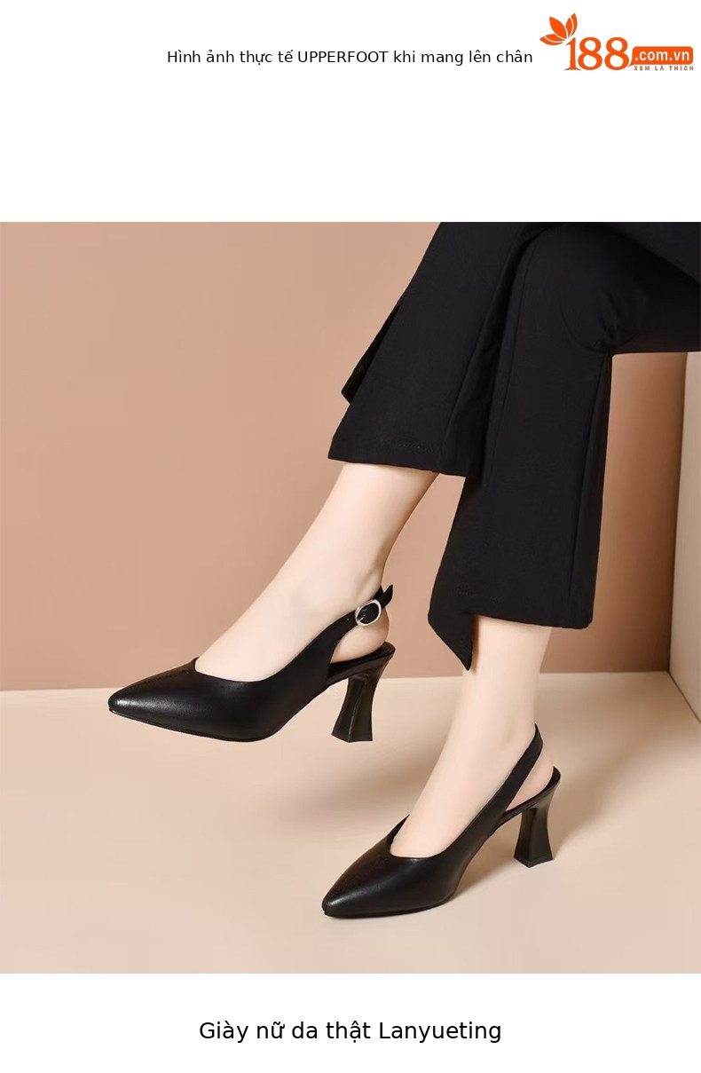 Giày sandal cao gót nữ mũi nhọn quai ngang da thật gót 7 cm — Gạo trắng - 7cm chi tiết 3
