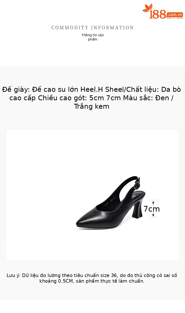Giày sandal cao gót nữ mũi nhọn quai ngang da thật gót 7 cm — Gạo trắng - 7cm chi tiết 1
