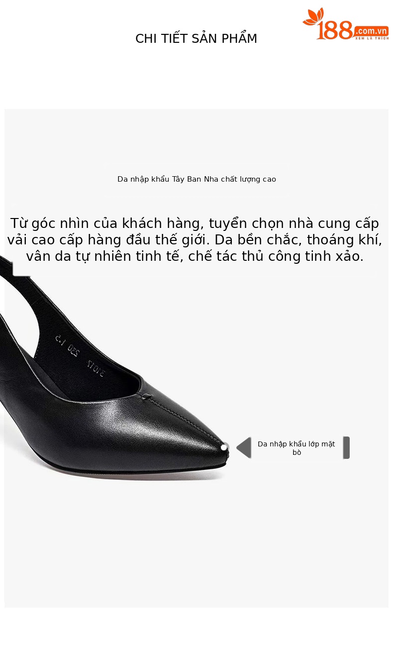 Giày sandal cao gót nữ mũi nhọn quai ngang da thật gót 7 cm — Gạo trắng - 7cm chi tiết 2