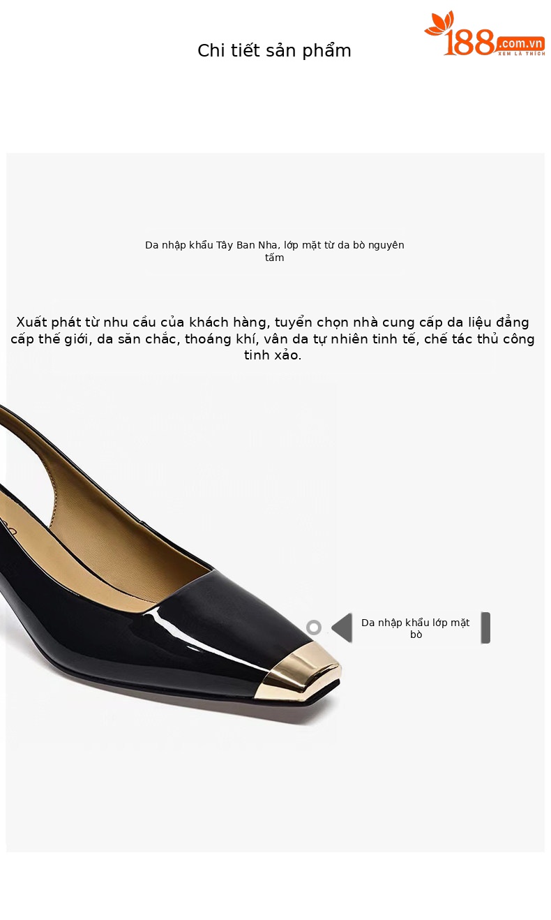 Giày sandal cao gót nữ quai ngang mũi vuông da thật gót nhọn 6 cm — màu đen chi tiết 2