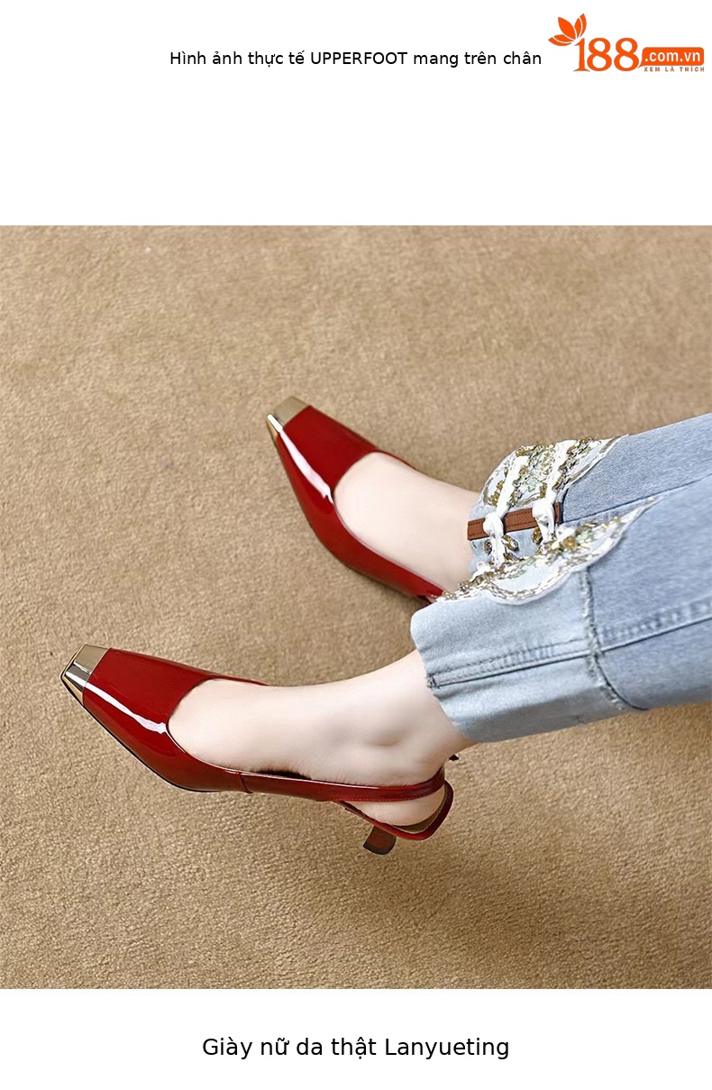 Giày sandal cao gót nữ quai ngang mũi vuông da thật gót nhọn 6 cm — màu đen chi tiết 3