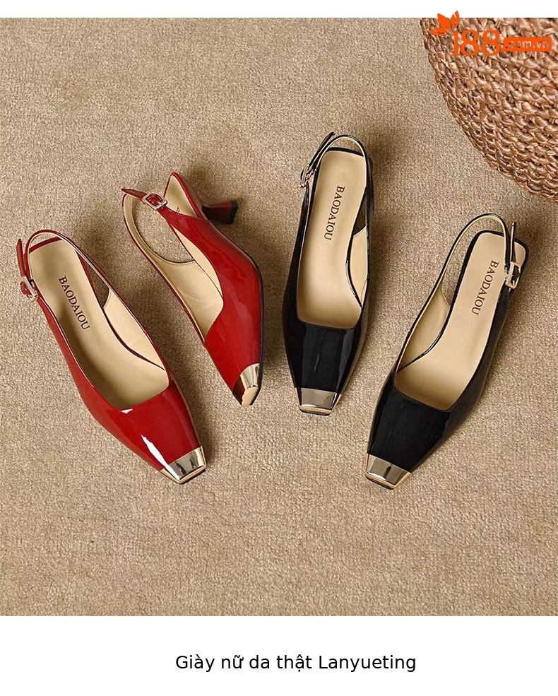 Giày sandal cao gót nữ quai ngang mũi vuông da thật gót nhọn 6 cm — màu đen chi tiết 4