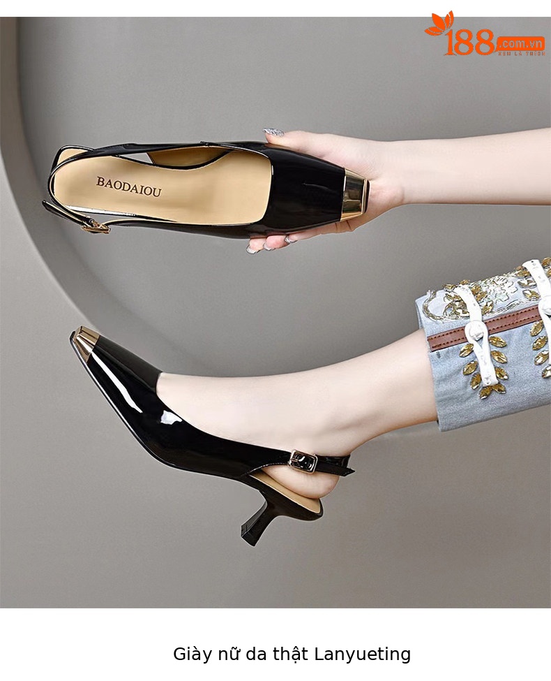 Giày sandal cao gót nữ quai ngang mũi vuông da thật gót nhọn 6 cm — màu đen chi tiết 6