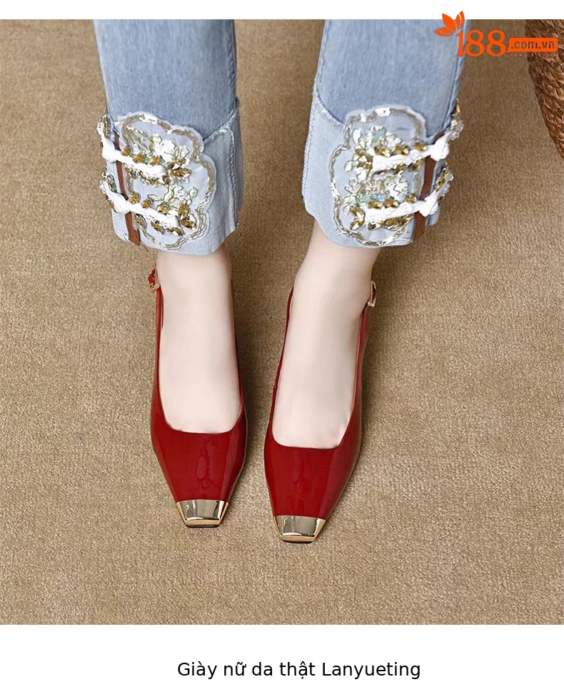 Giày sandal cao gót nữ quai ngang mũi vuông da thật gót nhọn 6 cm — màu đen chi tiết 7