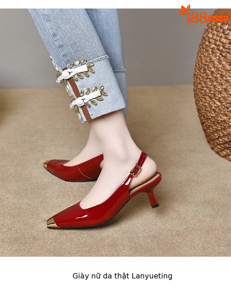 Giày sandal cao gót nữ quai ngang mũi vuông da thật gót nhọn 6 cm — màu đen chi tiết 8