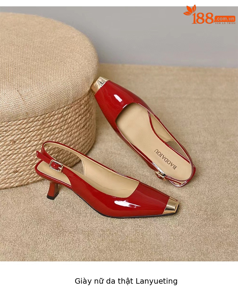 Giày sandal cao gót nữ quai ngang mũi vuông da thật gót nhọn 6 cm — màu đen chi tiết 9