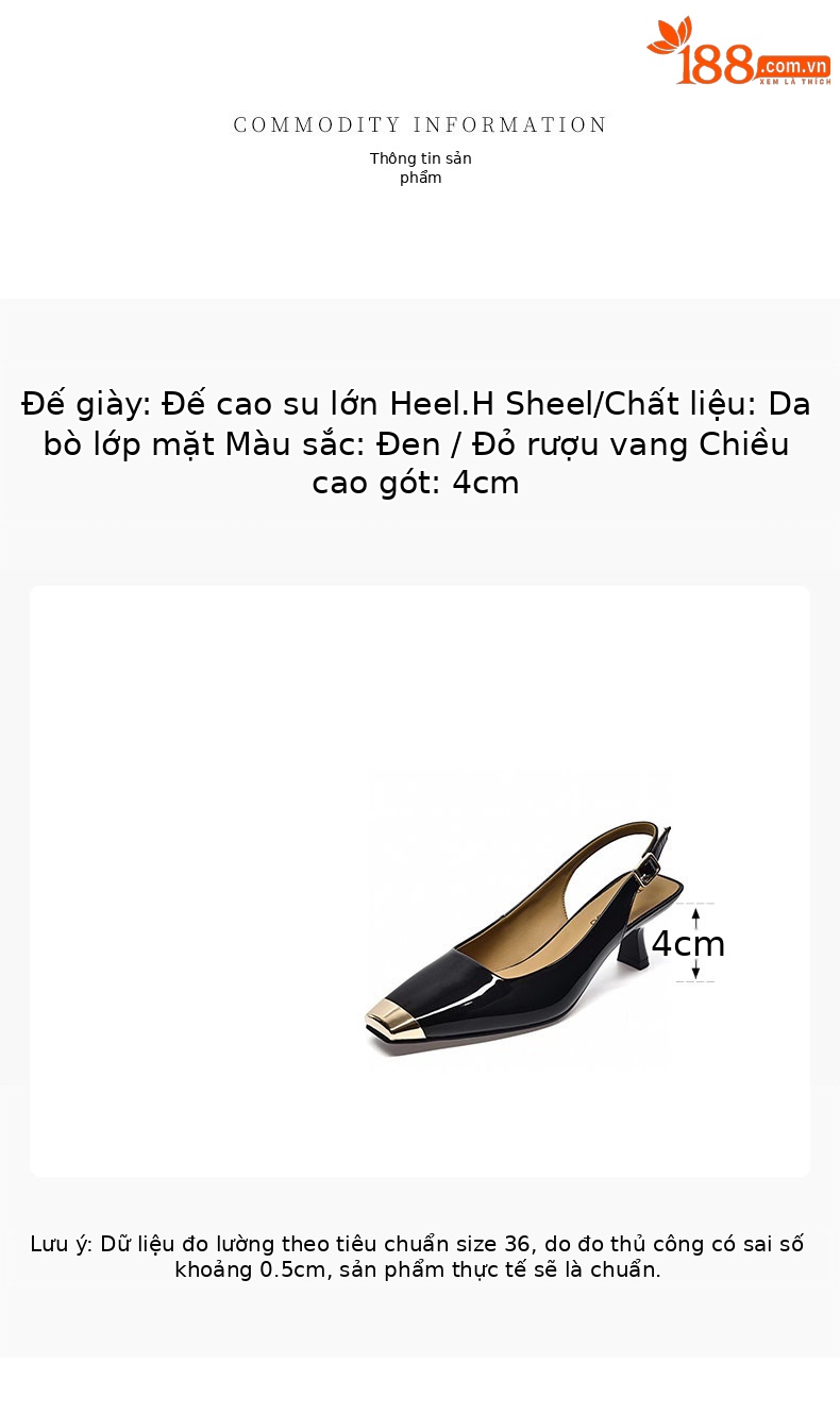 Giày sandal cao gót nữ quai ngang mũi vuông da thật gót nhọn 6 cm — màu đen chi tiết 1