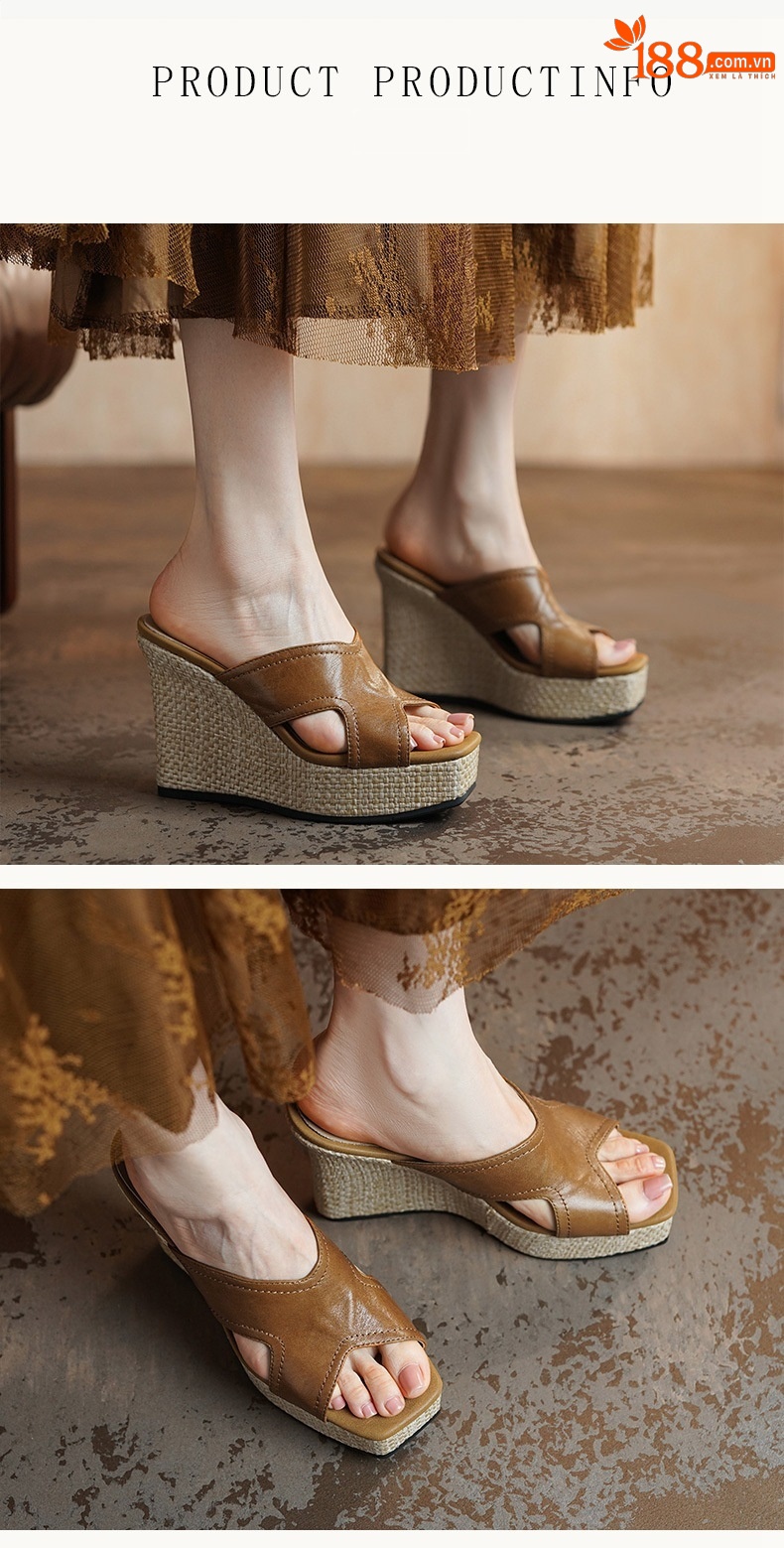 Sandal cao gót nữ hở mũi da dê đế xuồng dày — màu nâu chi tiết 2