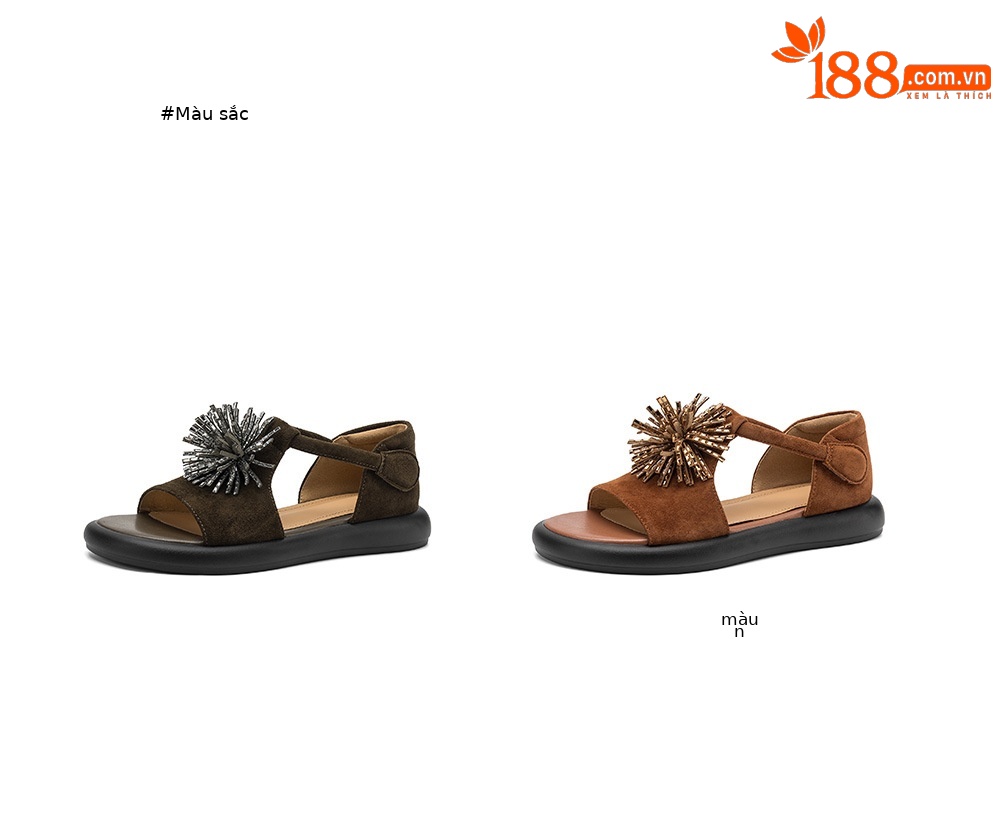 Sandal hở mũi nữ đế dày da cừu đính đá pháo hoa — màu xanh đậm chi tiết 5
