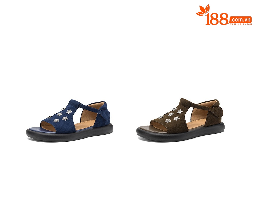Sandal nữ hở mũi đế dày da cừu đính hoa đá — Màu xanh da trời chi tiết 6