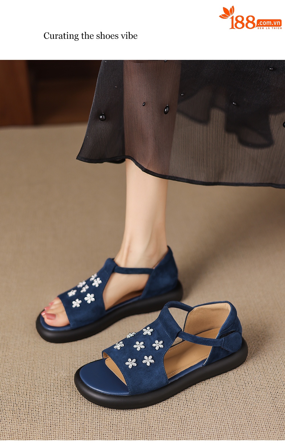 Sandal nữ hở mũi đế dày da cừu đính hoa đá — Màu xanh da trời chi tiết 10