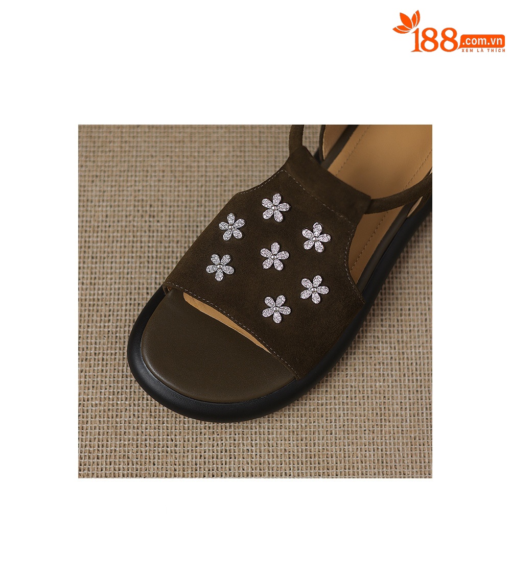 Sandal nữ hở mũi đế dày da cừu đính hoa đá — Màu xanh da trời chi tiết 13