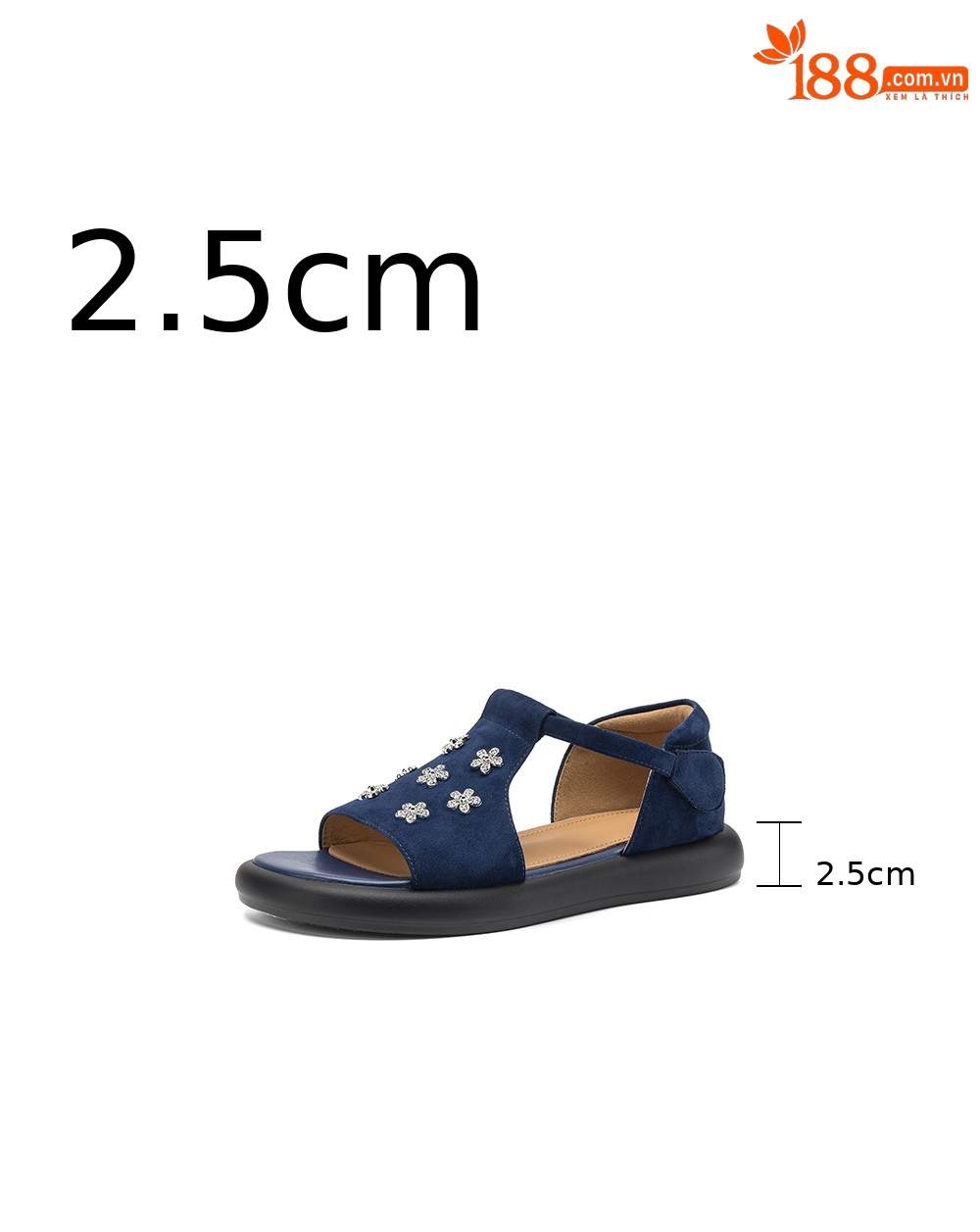 Sandal nữ hở mũi đế dày da cừu đính hoa đá — Màu xanh da trời chi tiết 5
